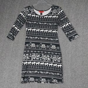 HOT KISS WOMENS Y2K BLACK WHITE ELEPHANT PRINT 3/4 SLEEVE BODY CON MINI DRESS S